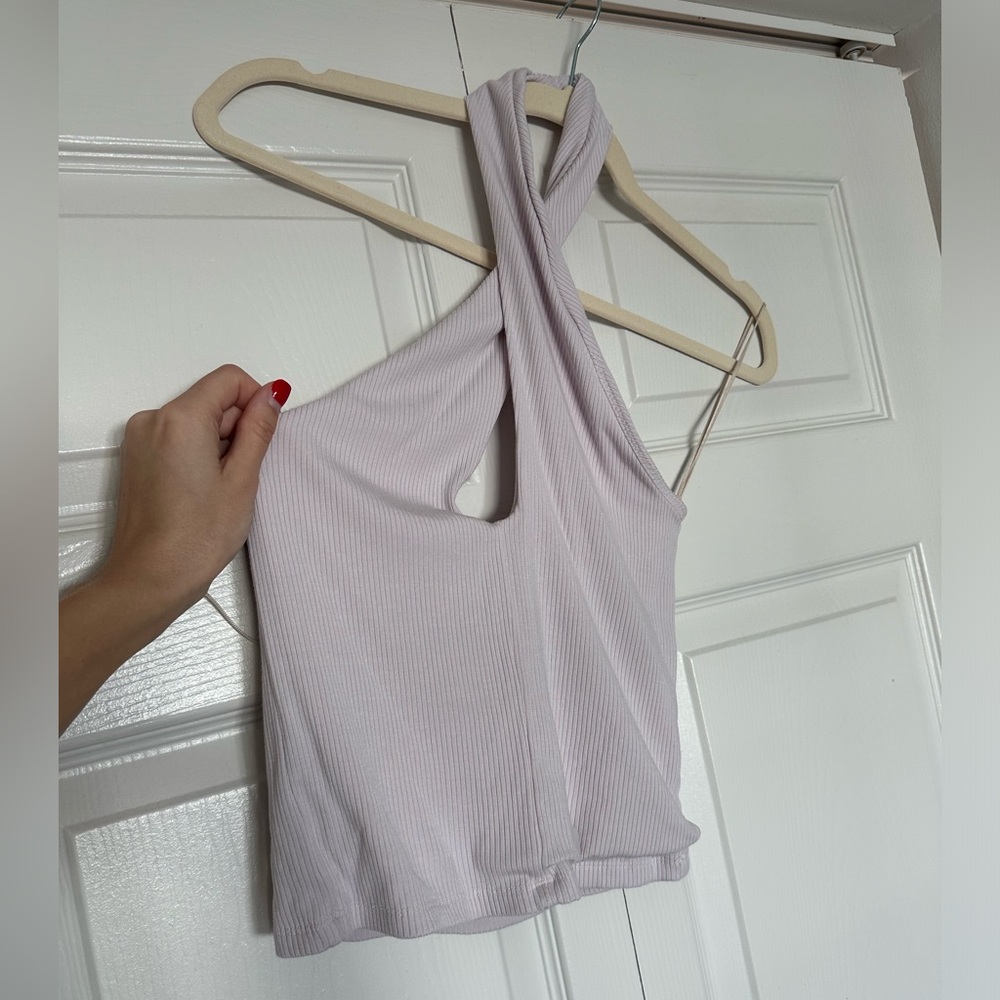 light purple halter top from aritzia with key hole at front